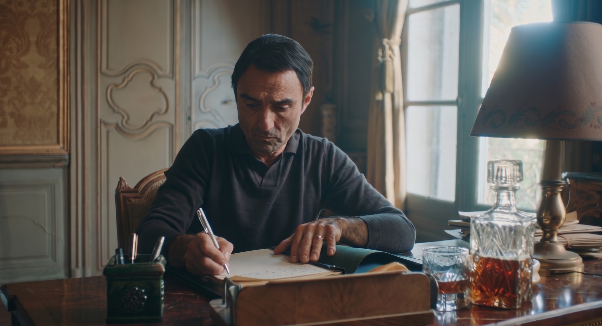 Frank BETERMIN écrivant à son bureau, scène de tournage en intérieur